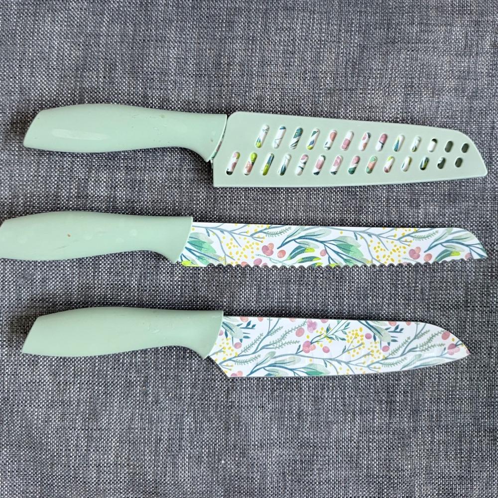 Unbranded Floral Kitchen Knife Set Unisex OS Sage Green Excellent 3 Piece Sheath